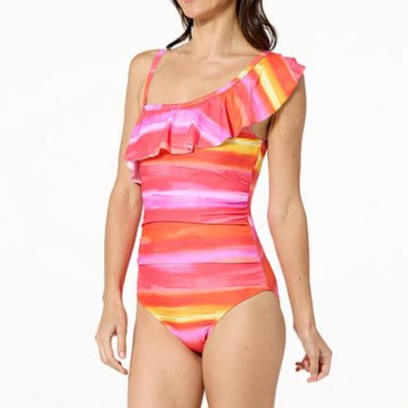 Kathy Ireland BLUE Animal Print One Shoulder Ruffle One Piece Bathing Suit 10 - Picture 1 of 2